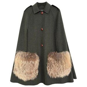 Max Mara Olive Green Wool Cape Coat with Fur Pockets Leather Buttons L